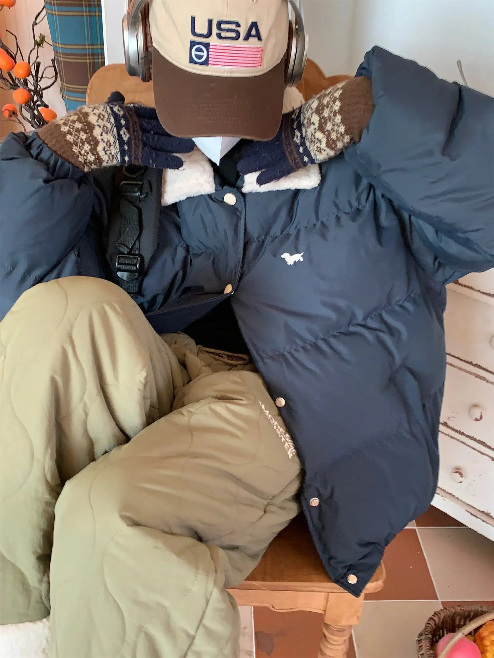 Puppy Embroidered Padded Puffer Jacket