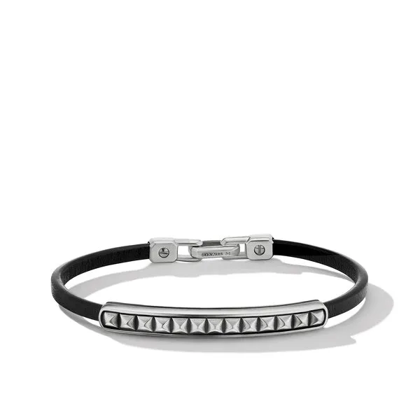 Pyramid Black Leather ID Bracelet, Size Medium