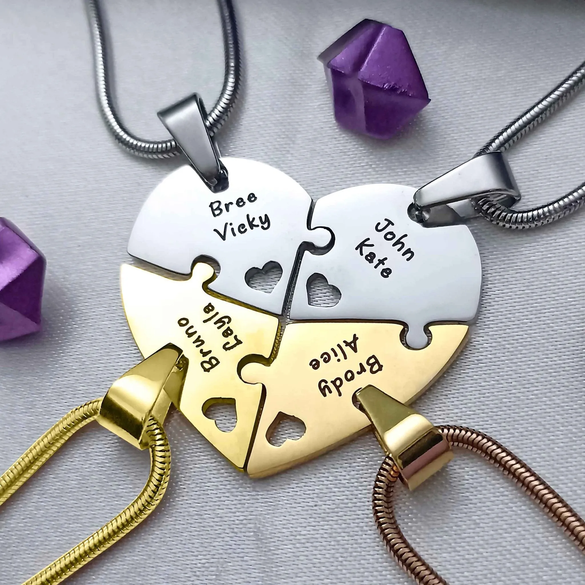 Quad Heart Puzzle - Four Personalised Necklaces
