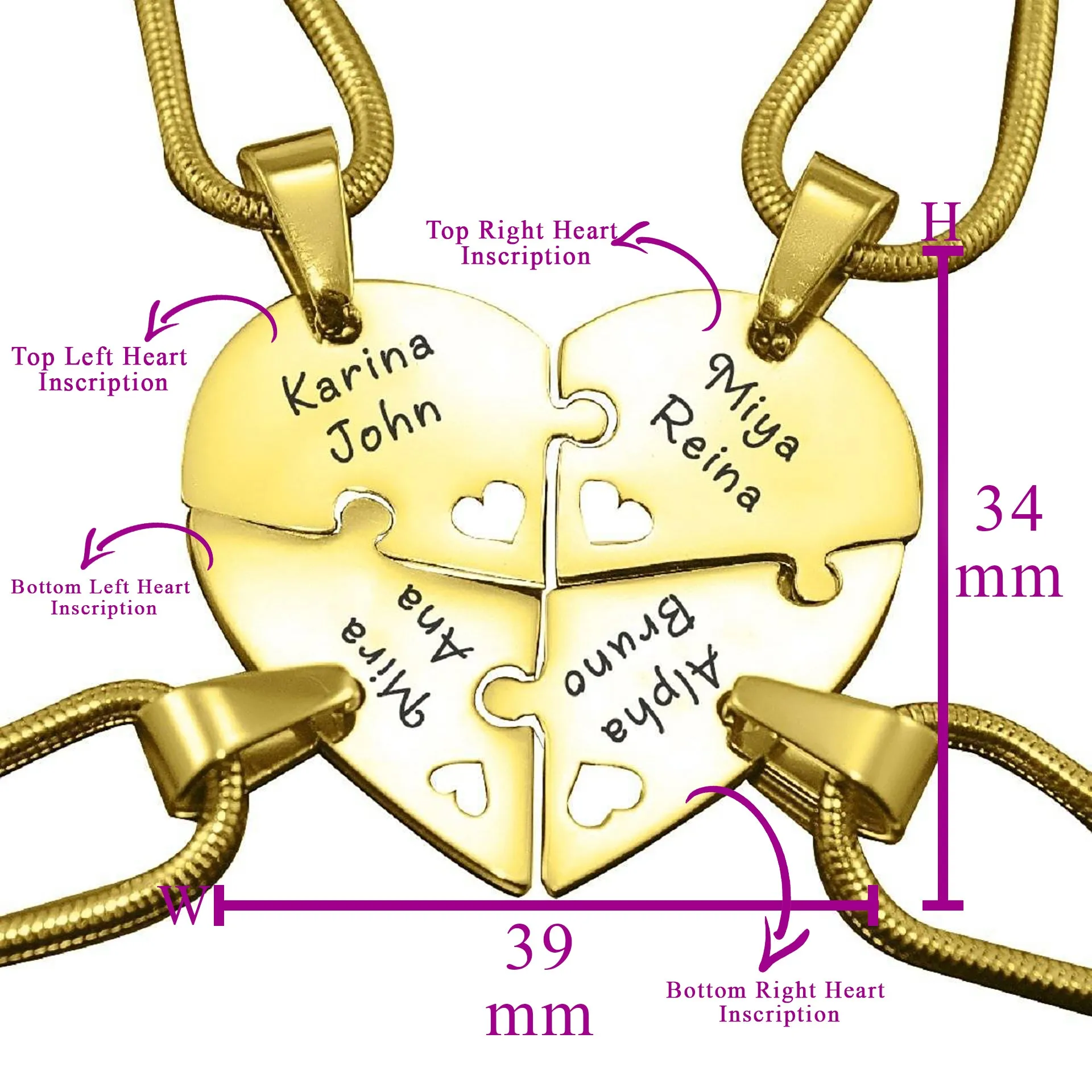 Quad Heart Puzzle - Four Personalised Necklaces