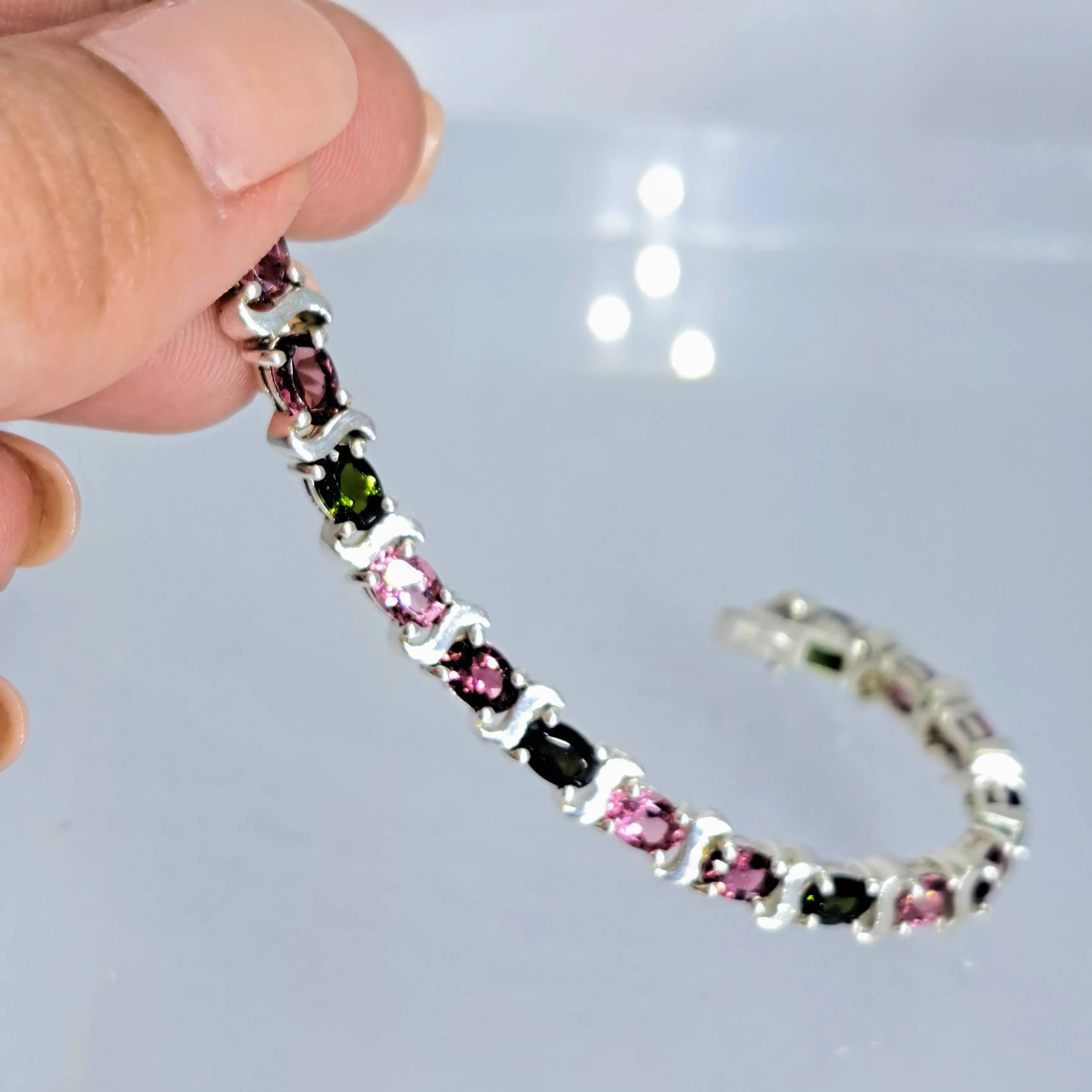 "3rd Tourm’s A Charm” 7.5" Bracelet - Green & Pink Tourmaline, Sterling
