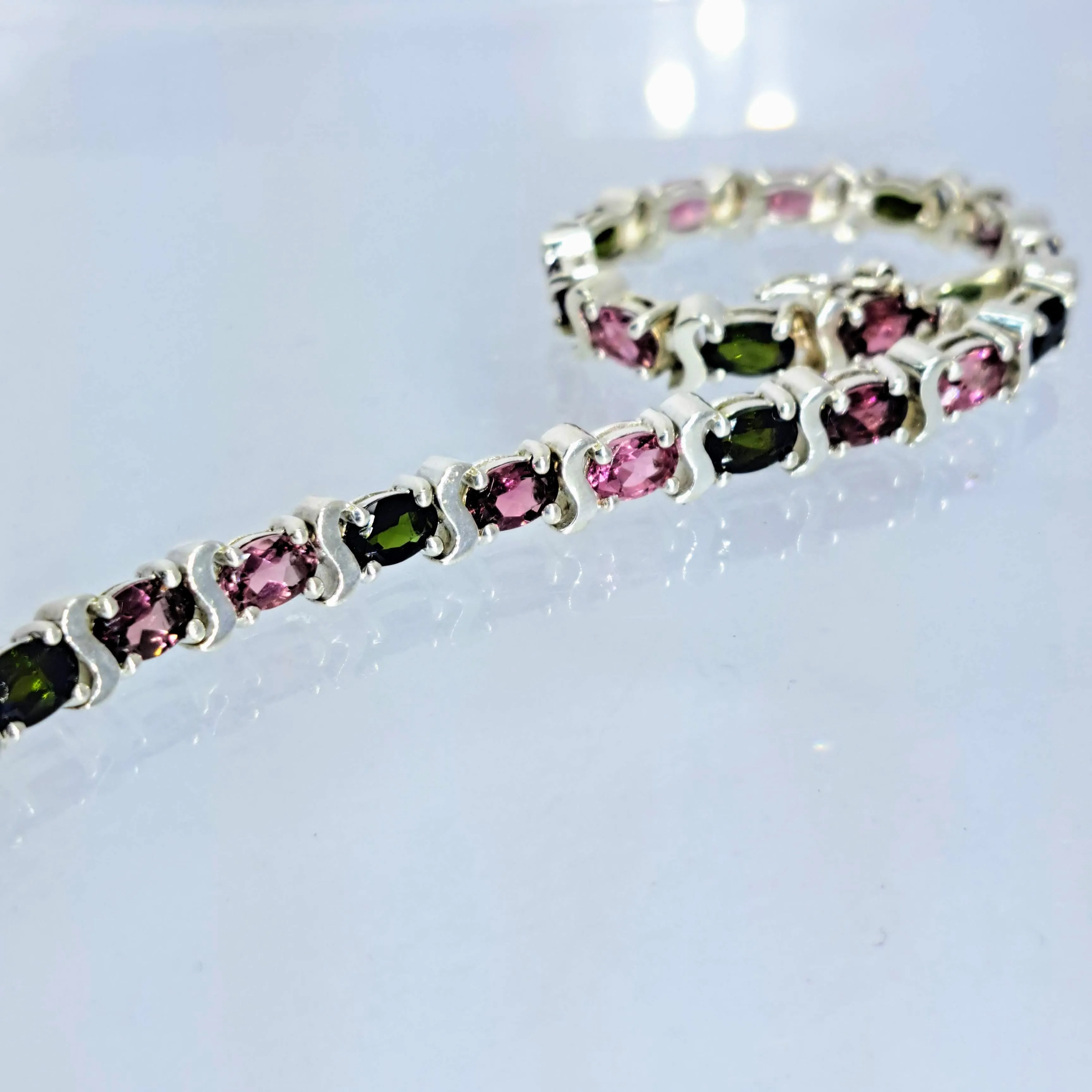 "3rd Tourm’s A Charm” 7.5" Bracelet - Green & Pink Tourmaline, Sterling