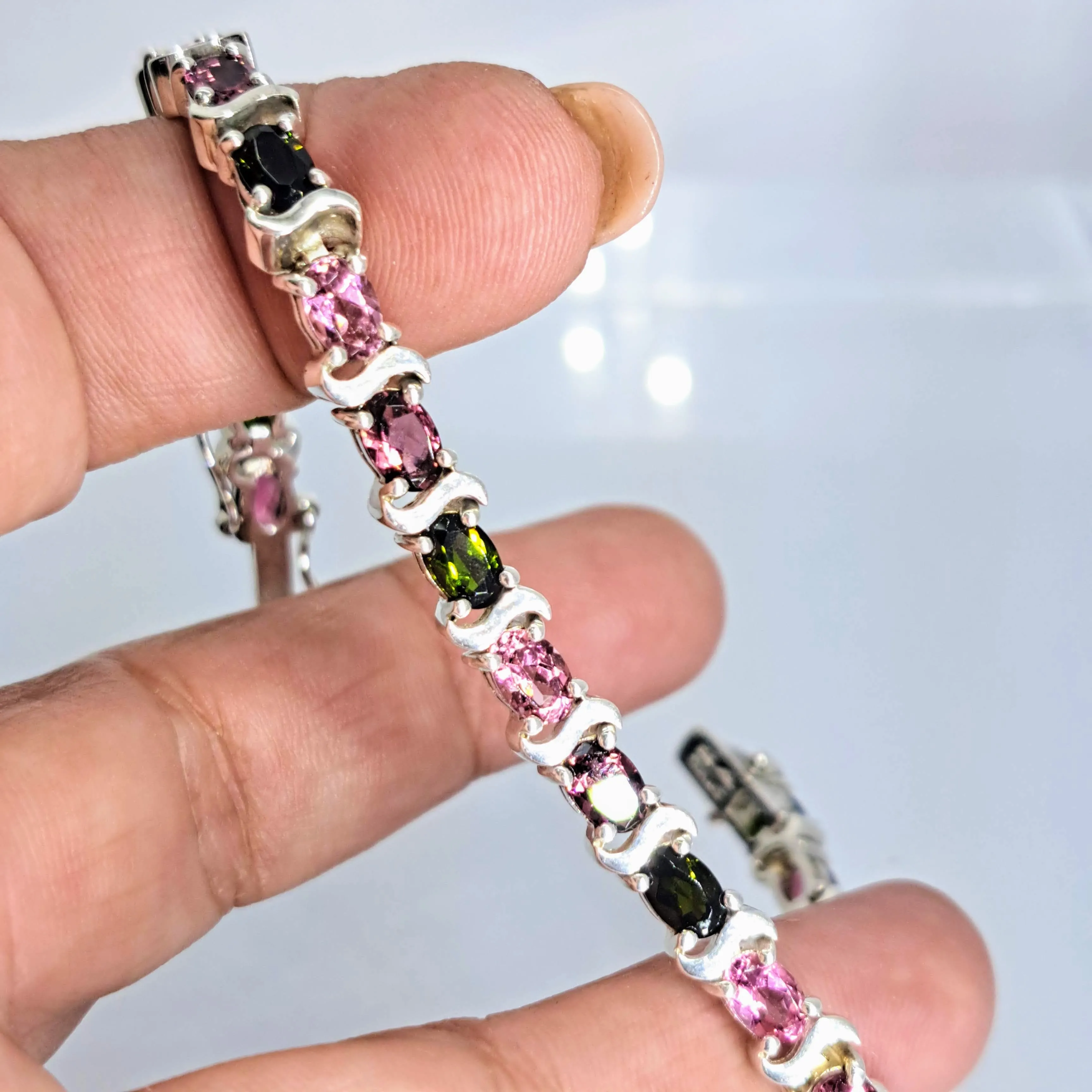"3rd Tourm’s A Charm” 7.5" Bracelet - Green & Pink Tourmaline, Sterling