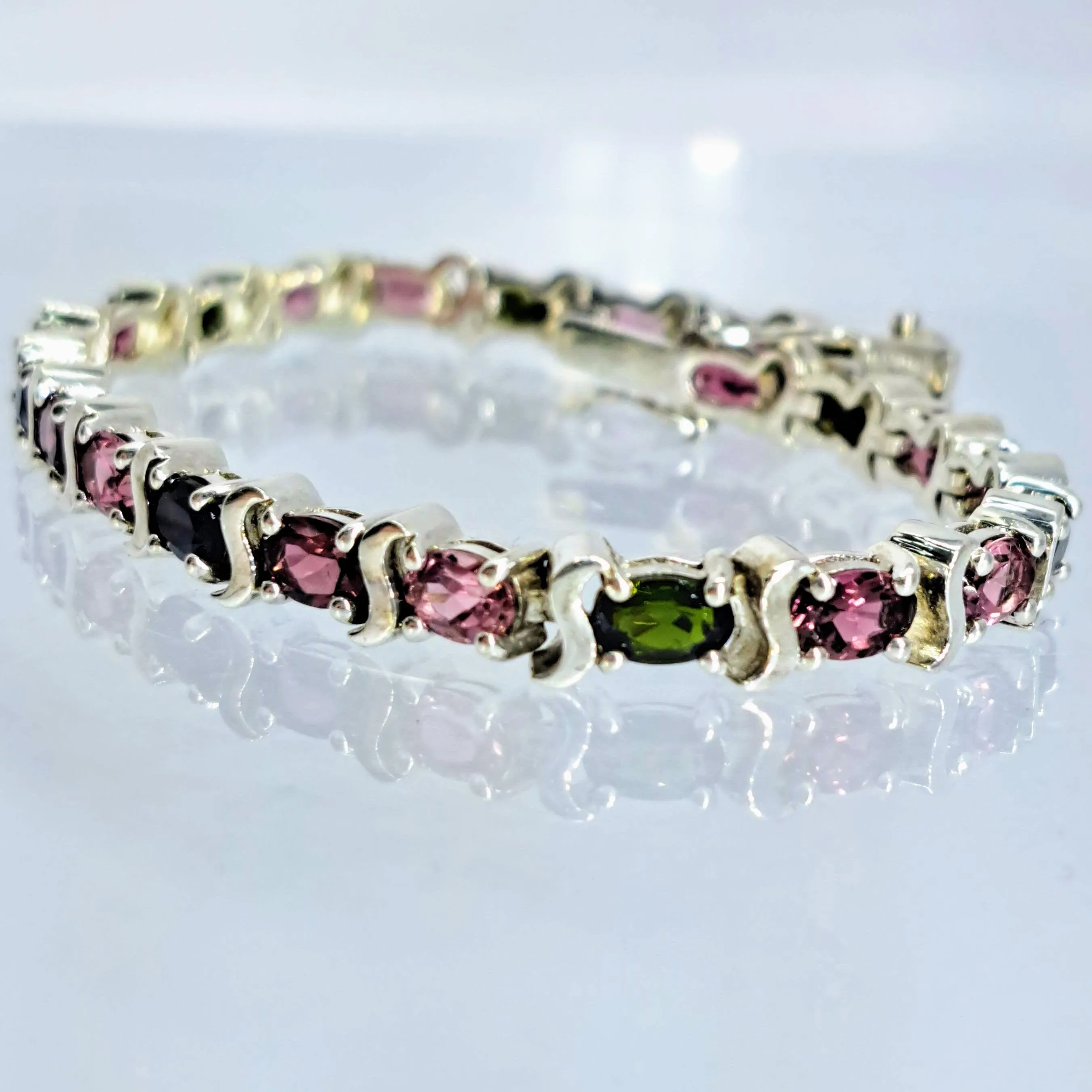 "3rd Tourm’s A Charm” 7.5" Bracelet - Green & Pink Tourmaline, Sterling