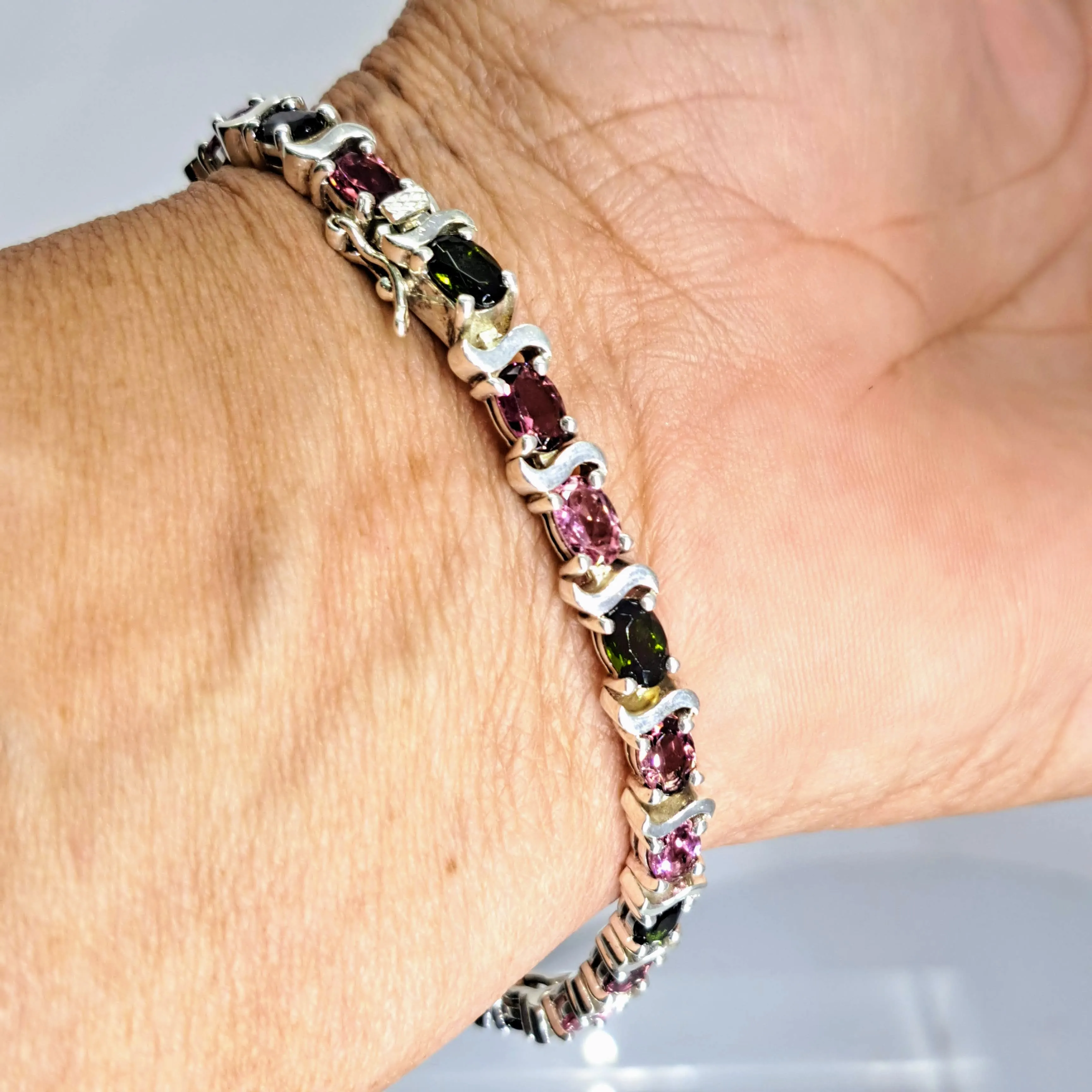 "3rd Tourm’s A Charm” 7.5" Bracelet - Green & Pink Tourmaline, Sterling