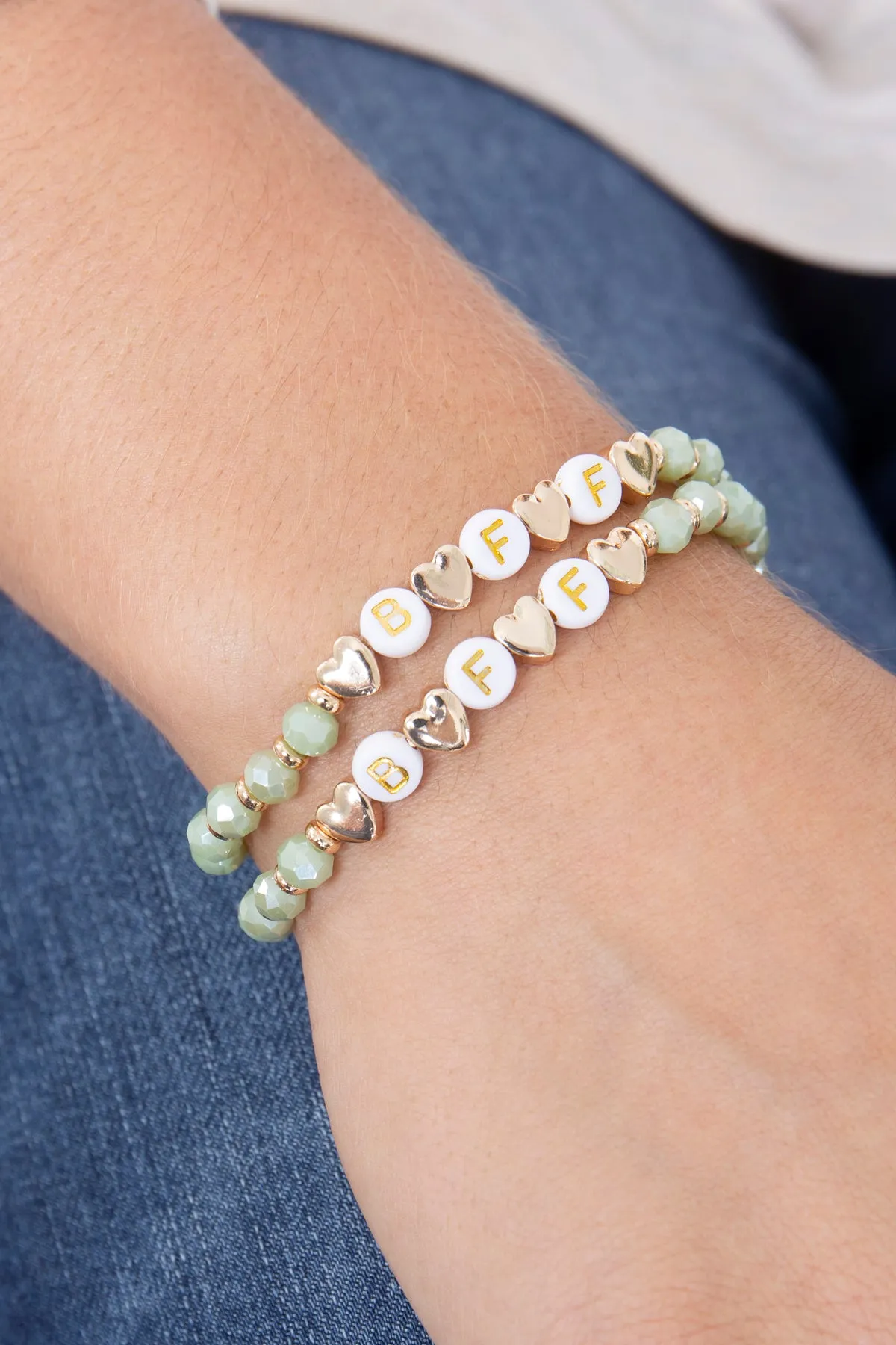 "BFF" LETTER HEART BEADS STRETCH BRACELETE SET