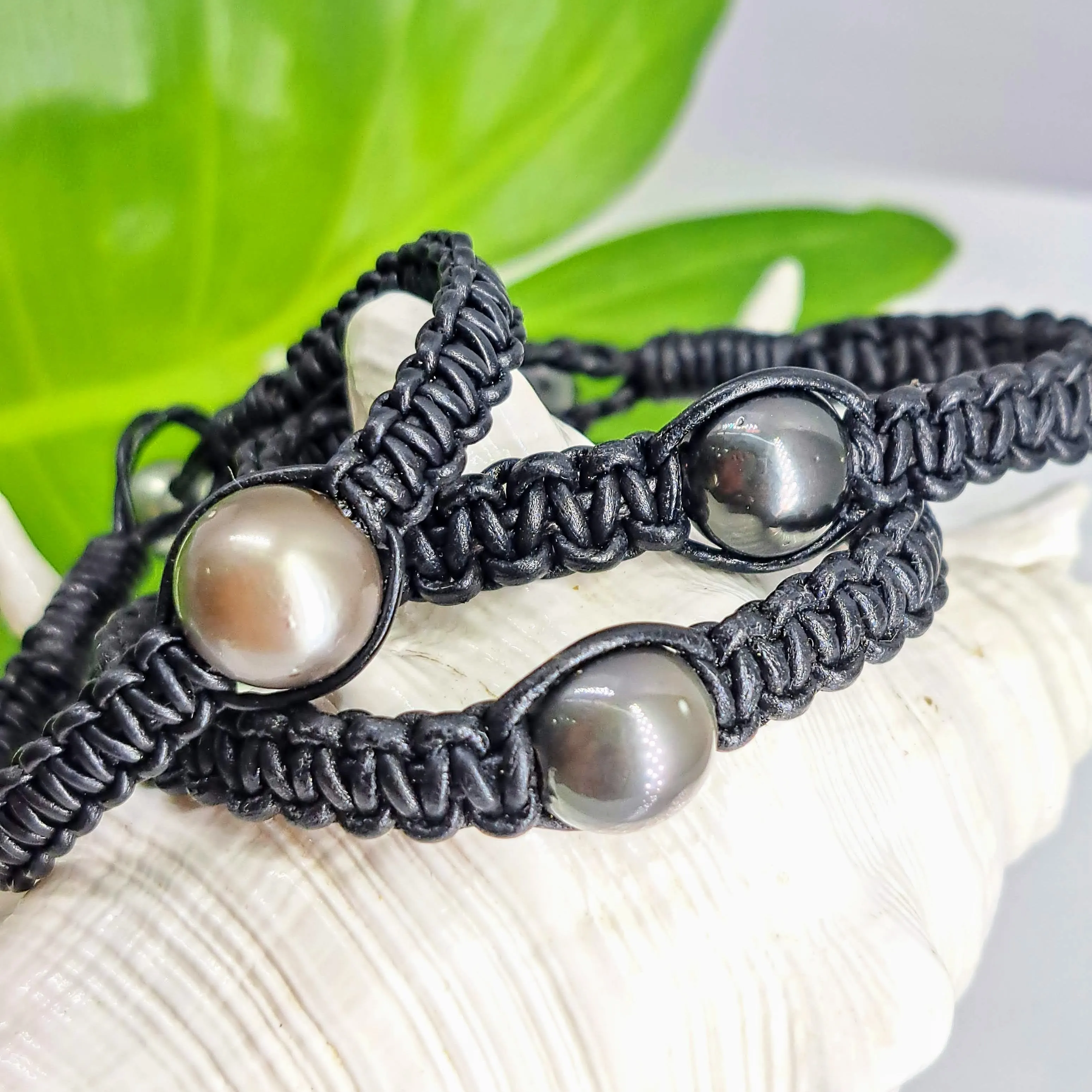 "Bora Bora & Mora!" 7.25" Bracelets - Tahitian Pearls, Leather