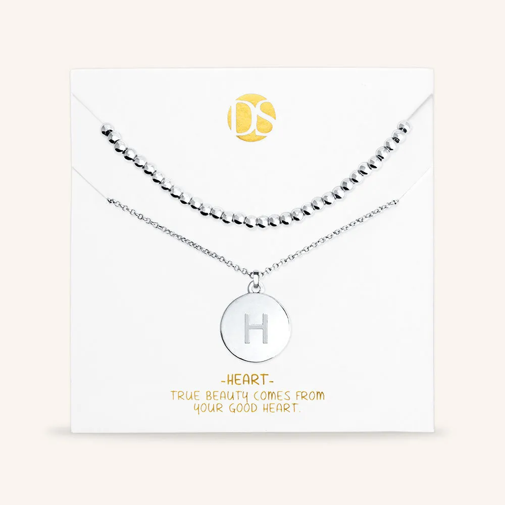 "One and Only" Set of Two Initial Disc & Polished Beads Layering Necklaces