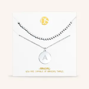 "One and Only" Set of Two Initial Disc & Polished Beads Layering Necklaces
