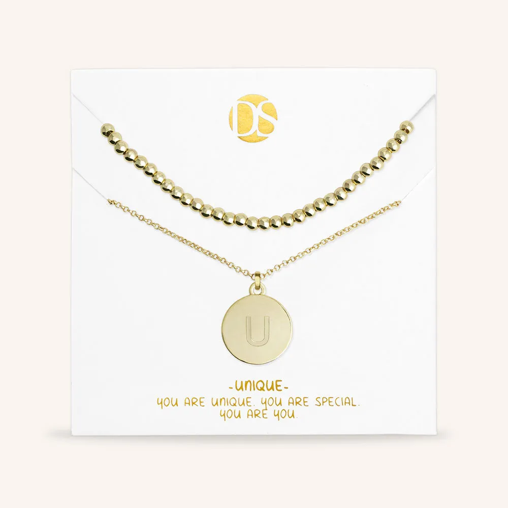 "One and Only" Set of Two Initial Disc & Polished Beads Layering Necklaces
