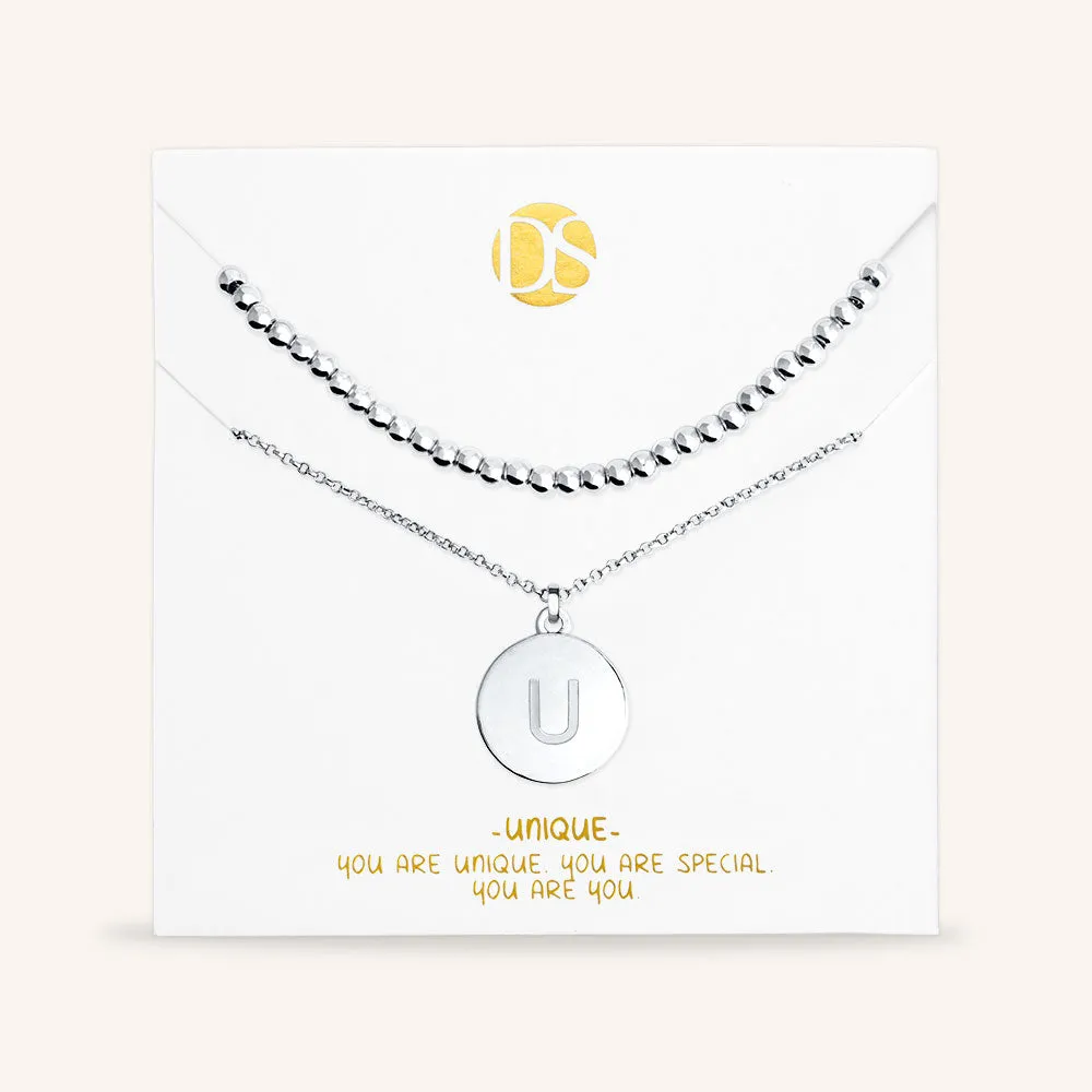 "One and Only" Set of Two Initial Disc & Polished Beads Layering Necklaces