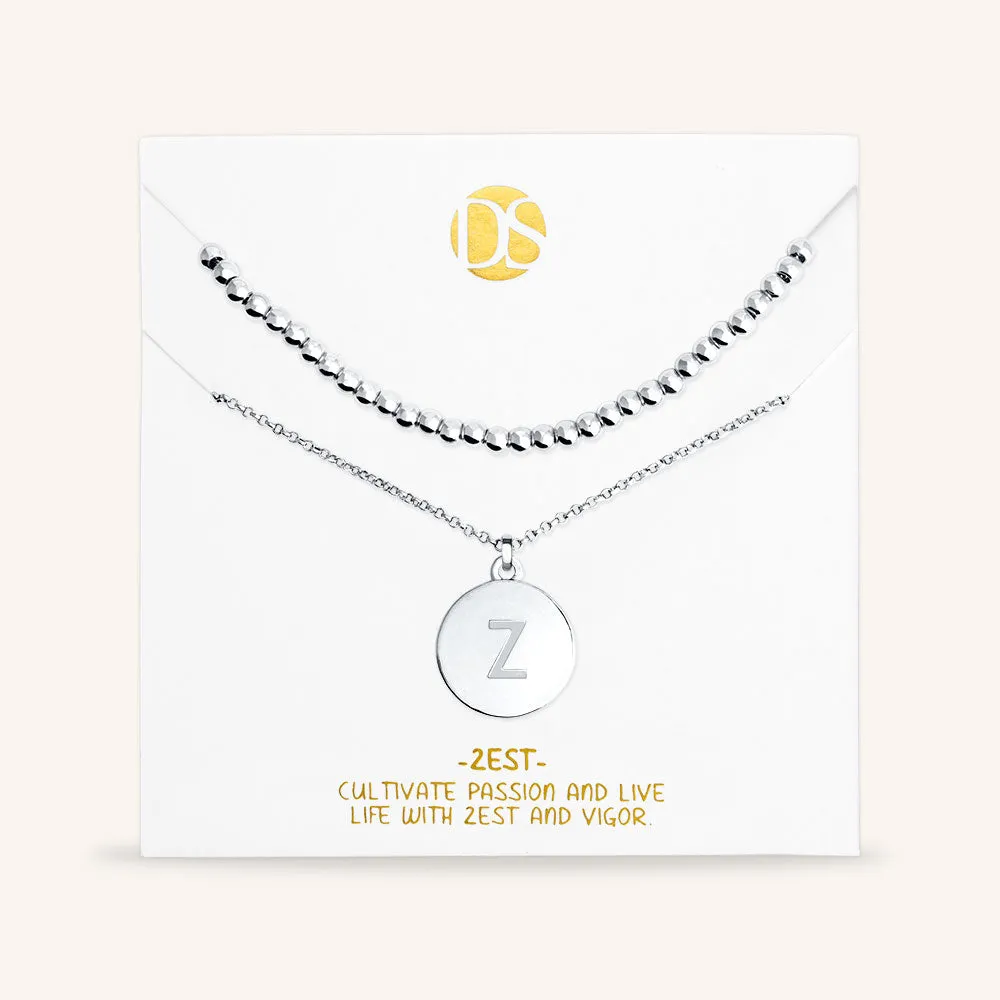 "One and Only" Set of Two Initial Disc & Polished Beads Layering Necklaces