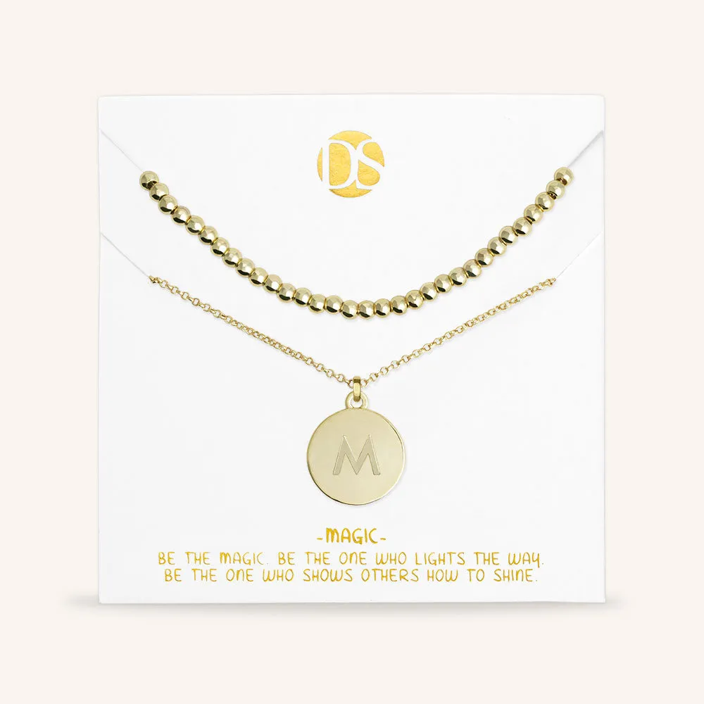 "One and Only" Set of Two Initial Disc & Polished Beads Layering Necklaces