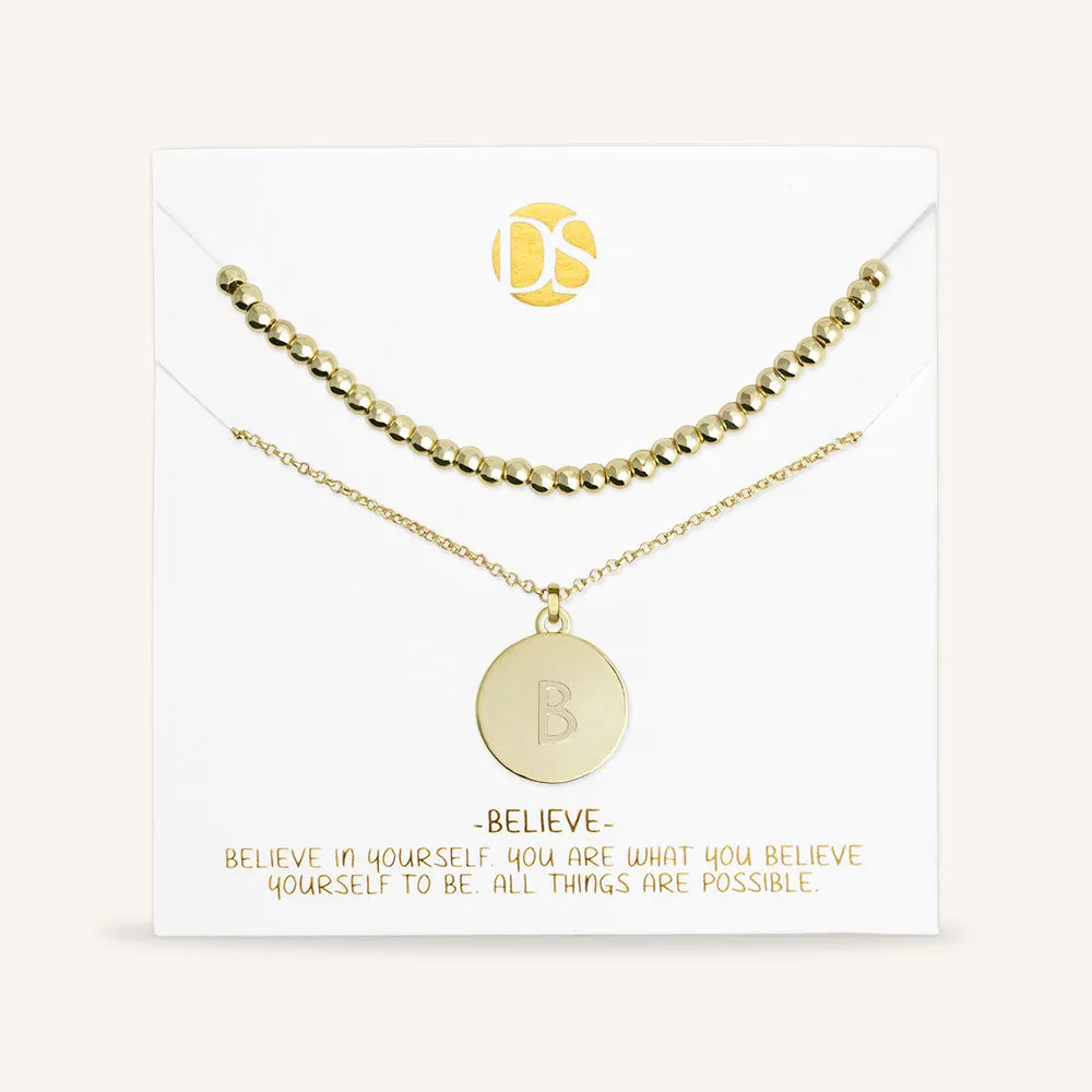 "One and Only" Set of Two Initial Disc & Polished Beads Layering Necklaces