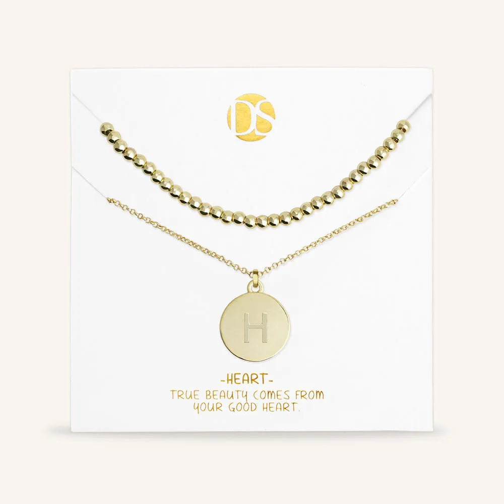 "One and Only" Set of Two Initial Disc & Polished Beads Layering Necklaces