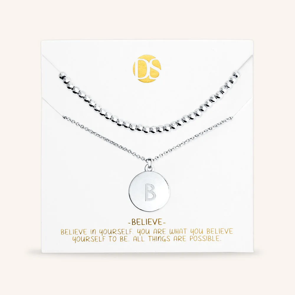 "One and Only" Set of Two Initial Disc & Polished Beads Layering Necklaces
