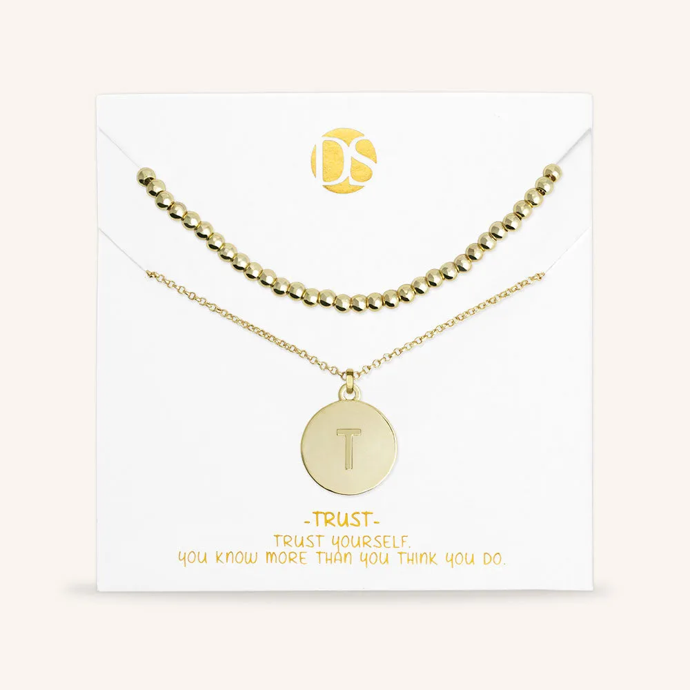 "One and Only" Set of Two Initial Disc & Polished Beads Layering Necklaces