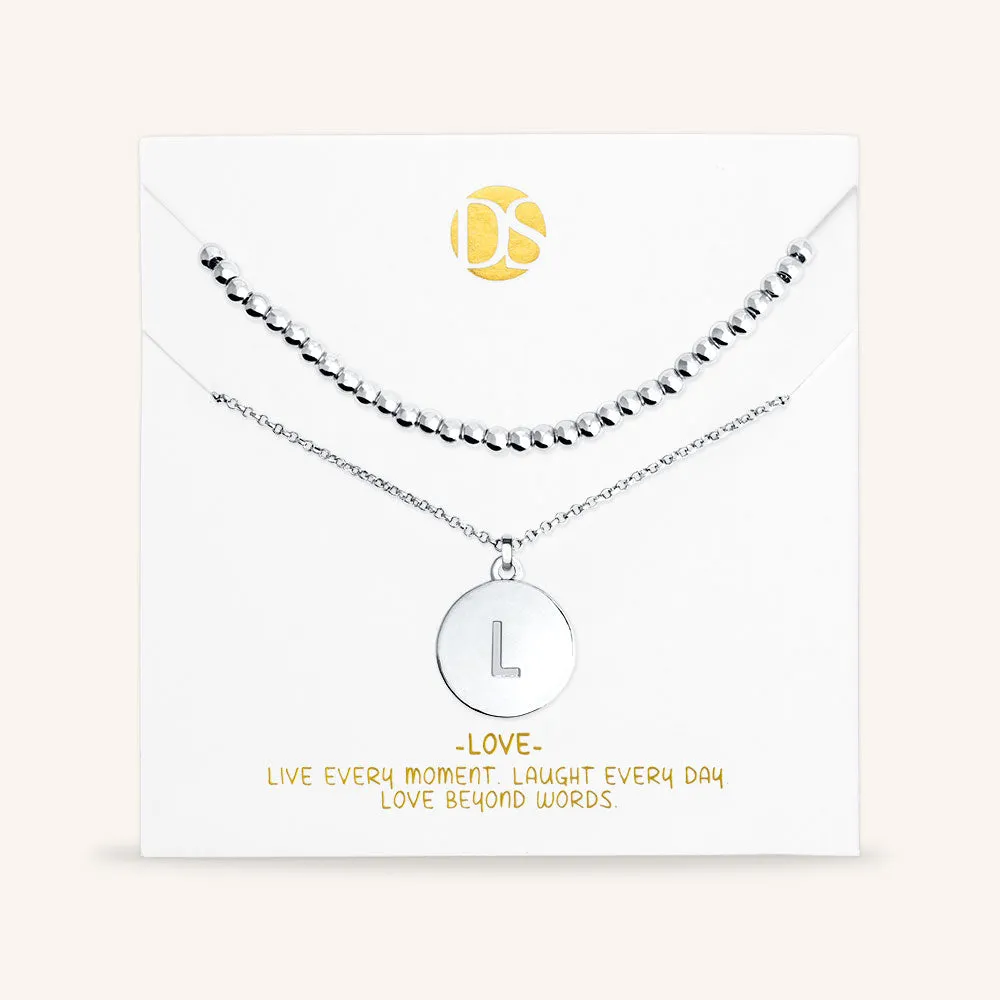 "One and Only" Set of Two Initial Disc & Polished Beads Layering Necklaces