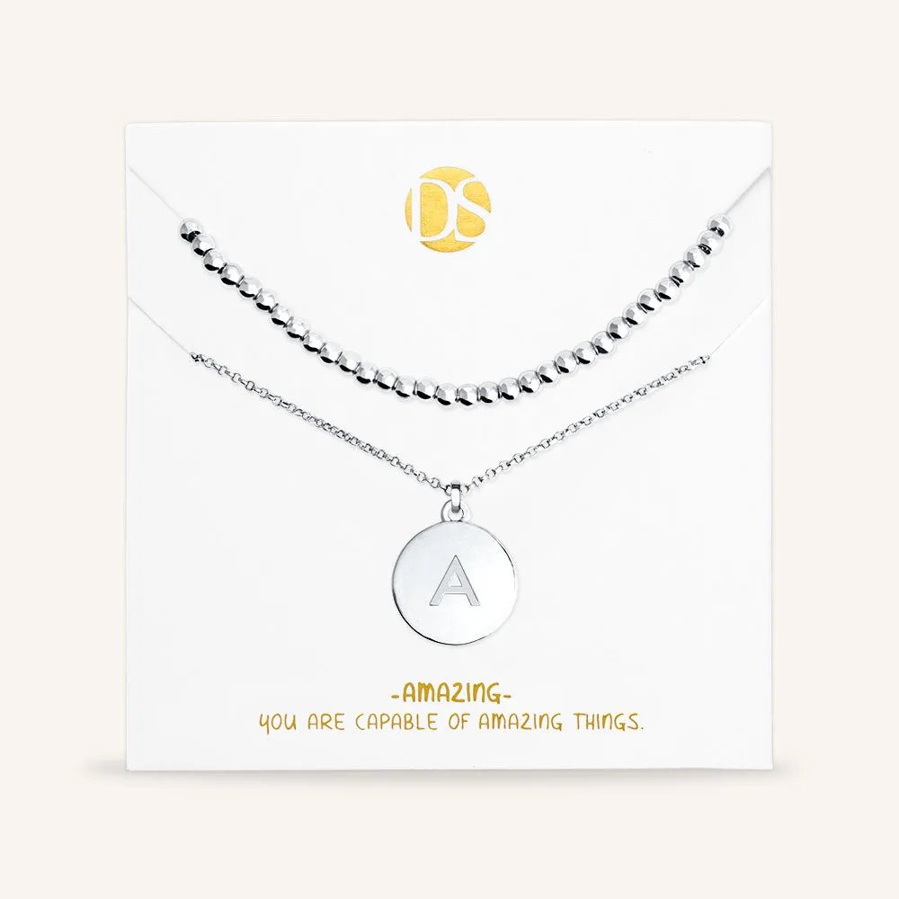 "One and Only" Set of Two Initial Disc & Polished Beads Layering Necklaces