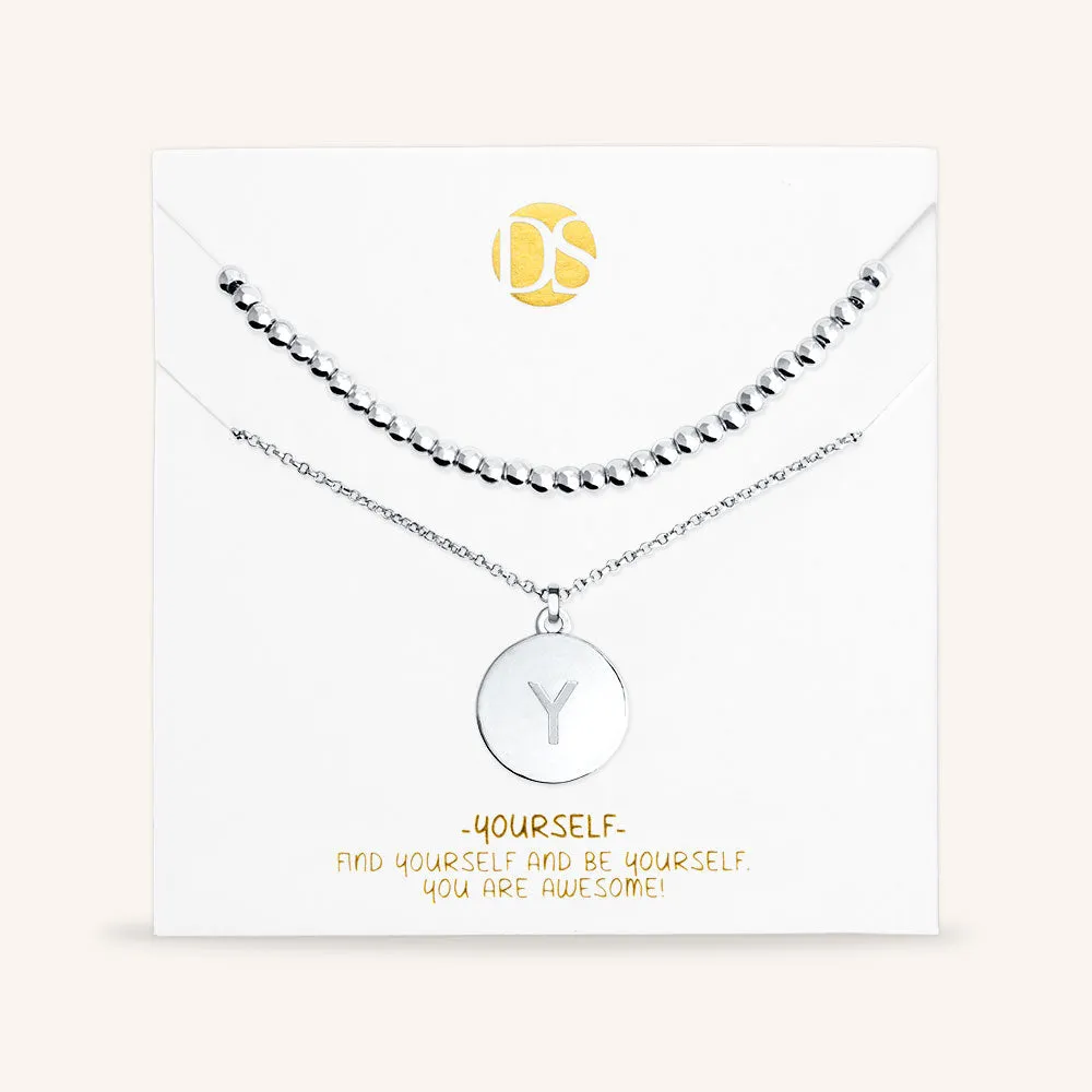 "One and Only" Set of Two Initial Disc & Polished Beads Layering Necklaces