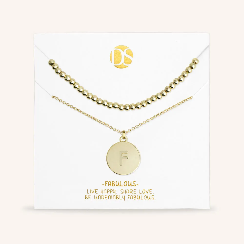 "One and Only" Set of Two Initial Disc & Polished Beads Layering Necklaces