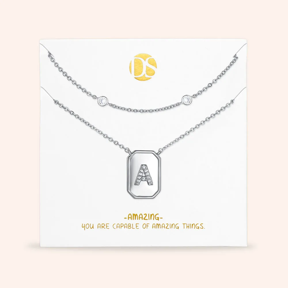 "Twin Token" Set of Two Initial Plate & Station Layering Necklaces