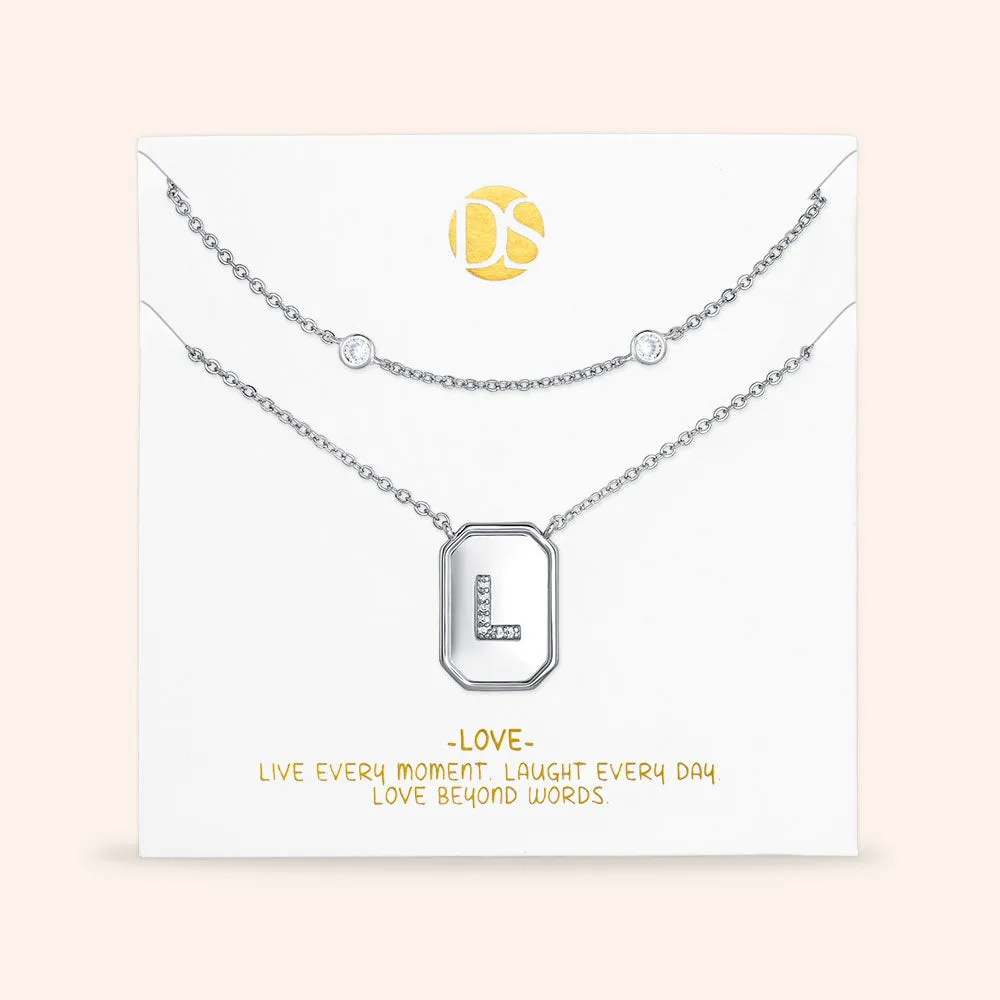 "Twin Token" Set of Two Initial Plate & Station Layering Necklaces
