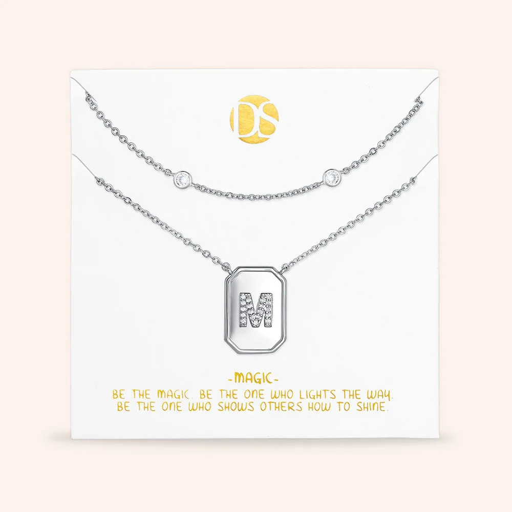 "Twin Token" Set of Two Initial Plate & Station Layering Necklaces