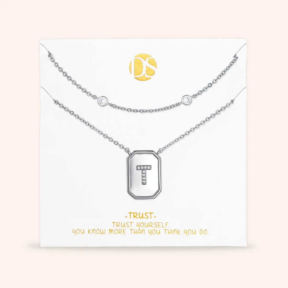 "Twin Token" Set of Two Initial Plate & Station Layering Necklaces