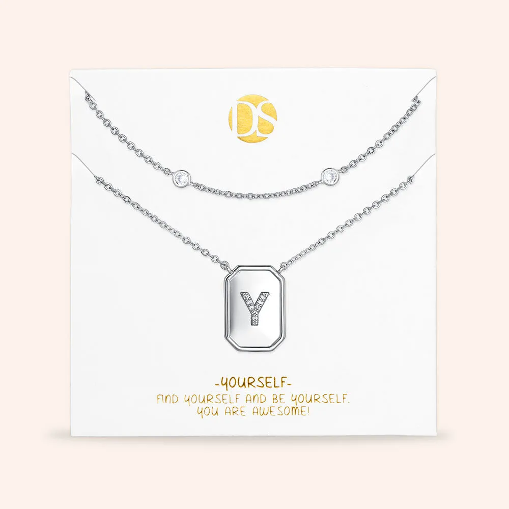 "Twin Token" Set of Two Initial Plate & Station Layering Necklaces