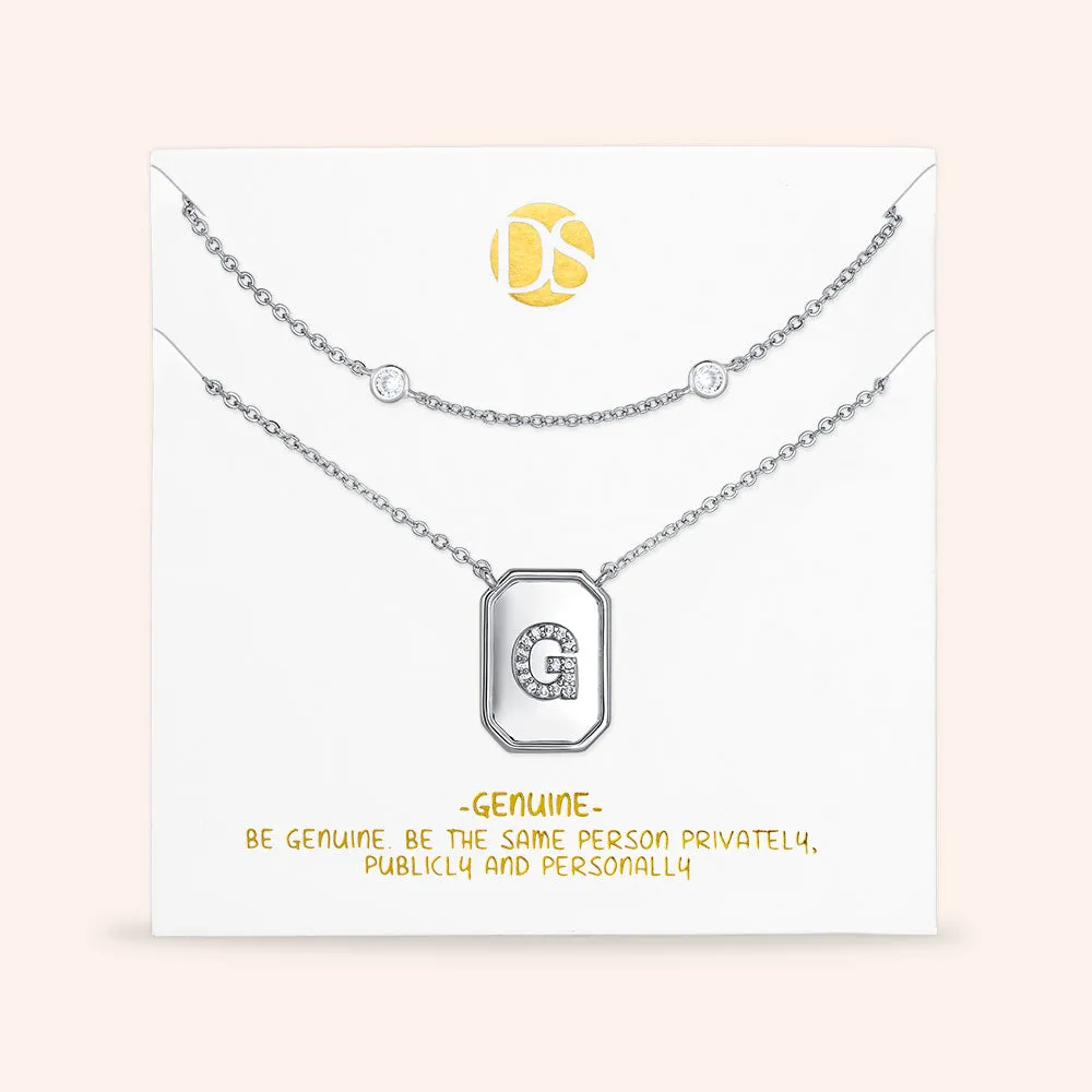 "Twin Token" Set of Two Initial Plate & Station Layering Necklaces