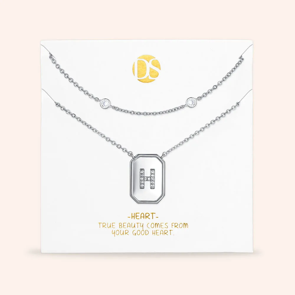 "Twin Token" Set of Two Initial Plate & Station Layering Necklaces