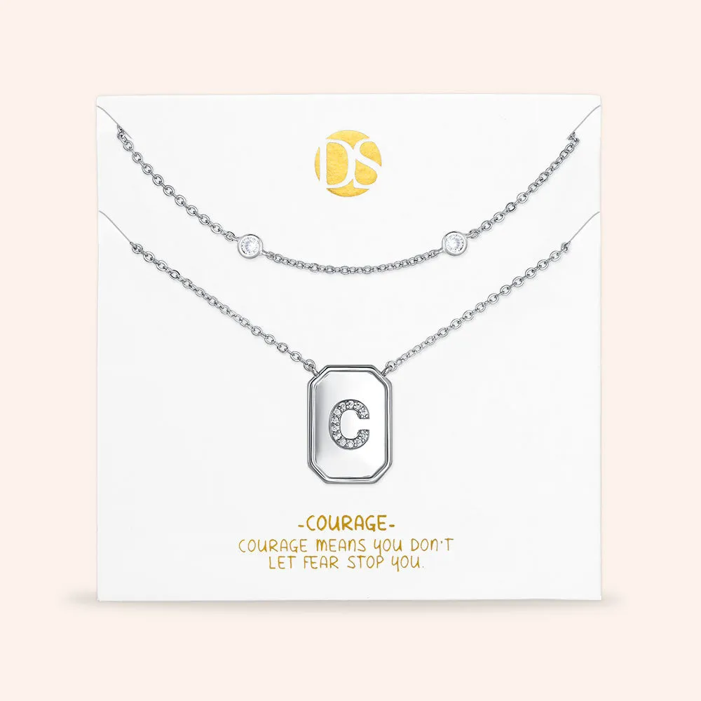 "Twin Token" Set of Two Initial Plate & Station Layering Necklaces