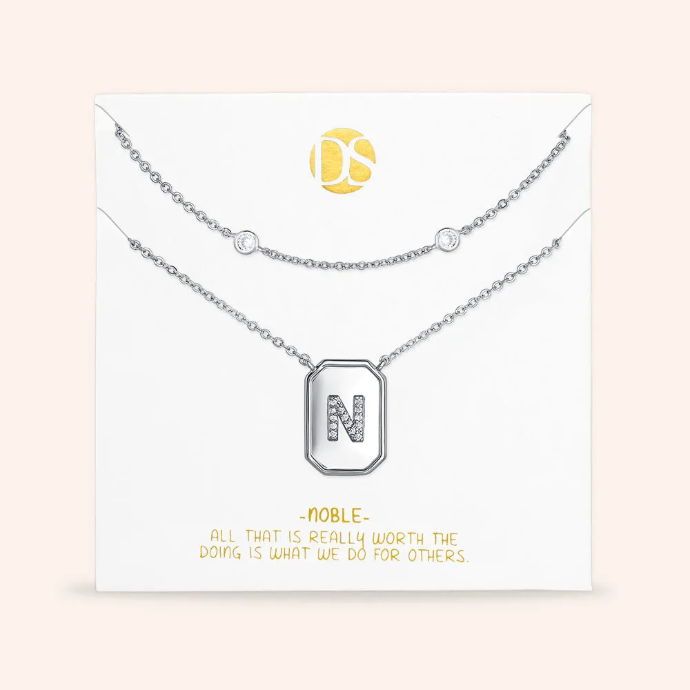 "Twin Token" Set of Two Initial Plate & Station Layering Necklaces