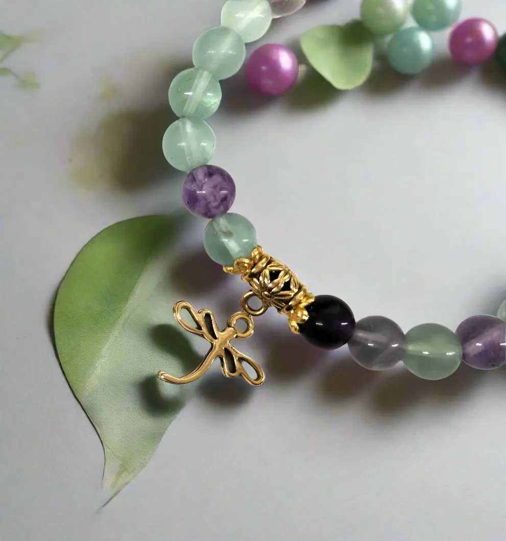 Rainbow Fluorite with Dragonfly or Hamsa Charm Power / Prayer Bracelet  FB3435