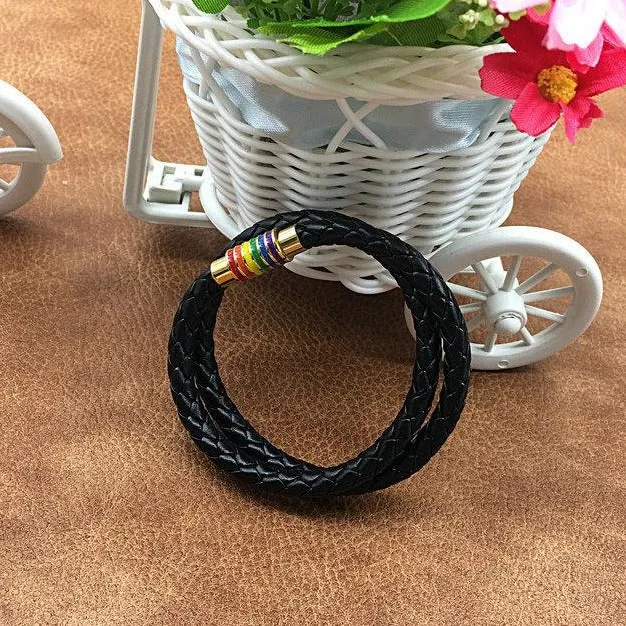 Rainbow Pride Charm Leather Bracelet