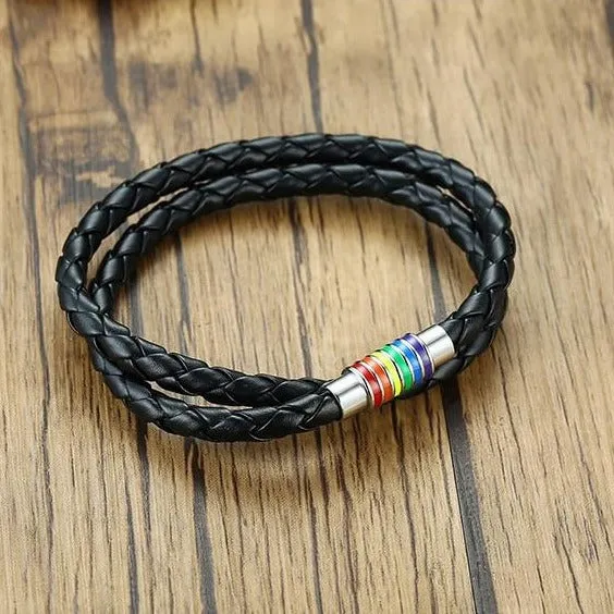 Rainbow Pride Charm Leather Bracelet