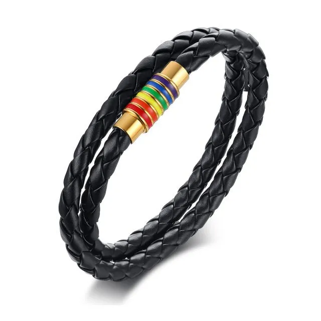 Rainbow Pride Charm Leather Bracelet