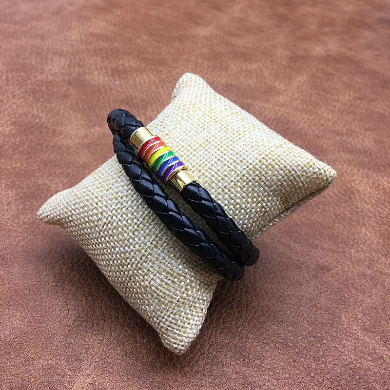 Rainbow Pride Charm Leather Bracelet