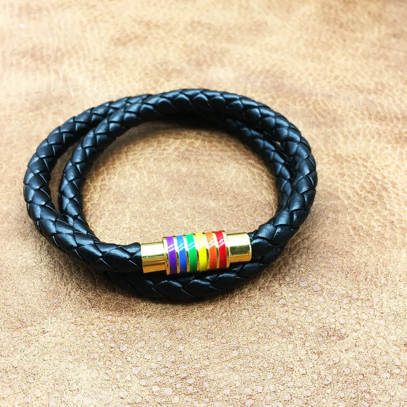 Rainbow Pride Charm Leather Bracelet