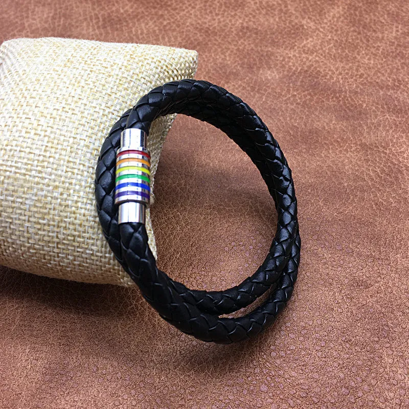 Rainbow Pride Charm Leather Bracelet
