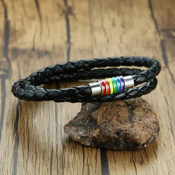 Rainbow Pride Charm Leather Bracelet