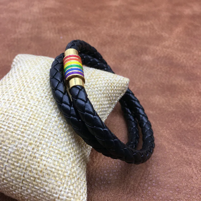 Rainbow Pride Charm Leather Bracelet