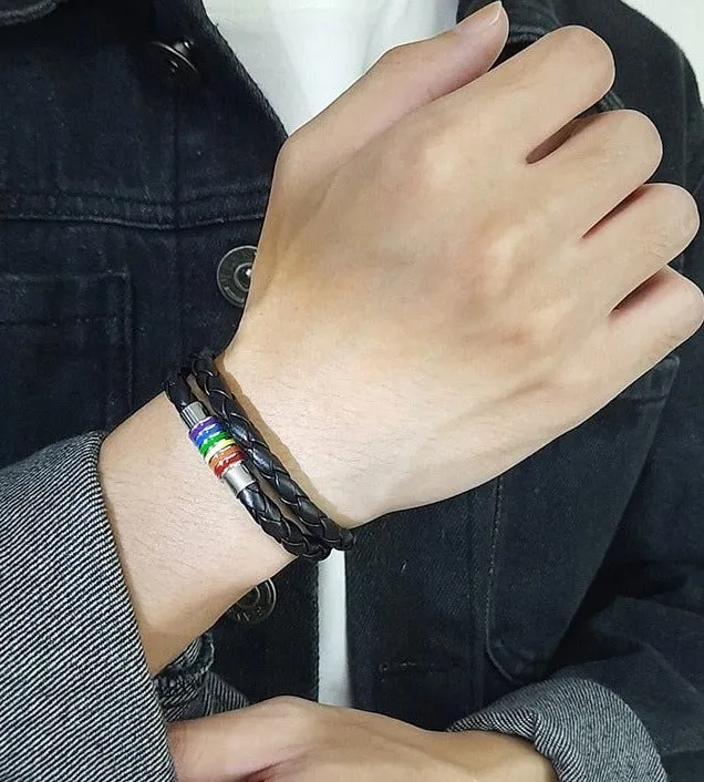 Rainbow Pride Charm Leather Bracelet