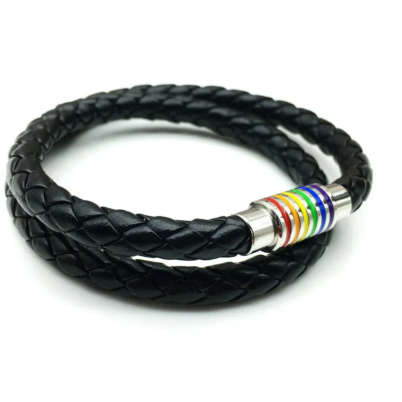 Rainbow Pride Charm Leather Bracelet