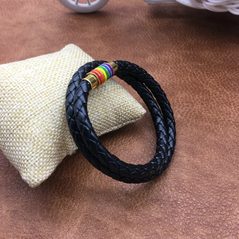 Rainbow Pride Charm Leather Bracelet