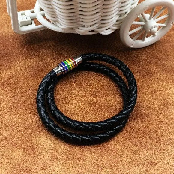 Rainbow Pride Charm Leather Bracelet