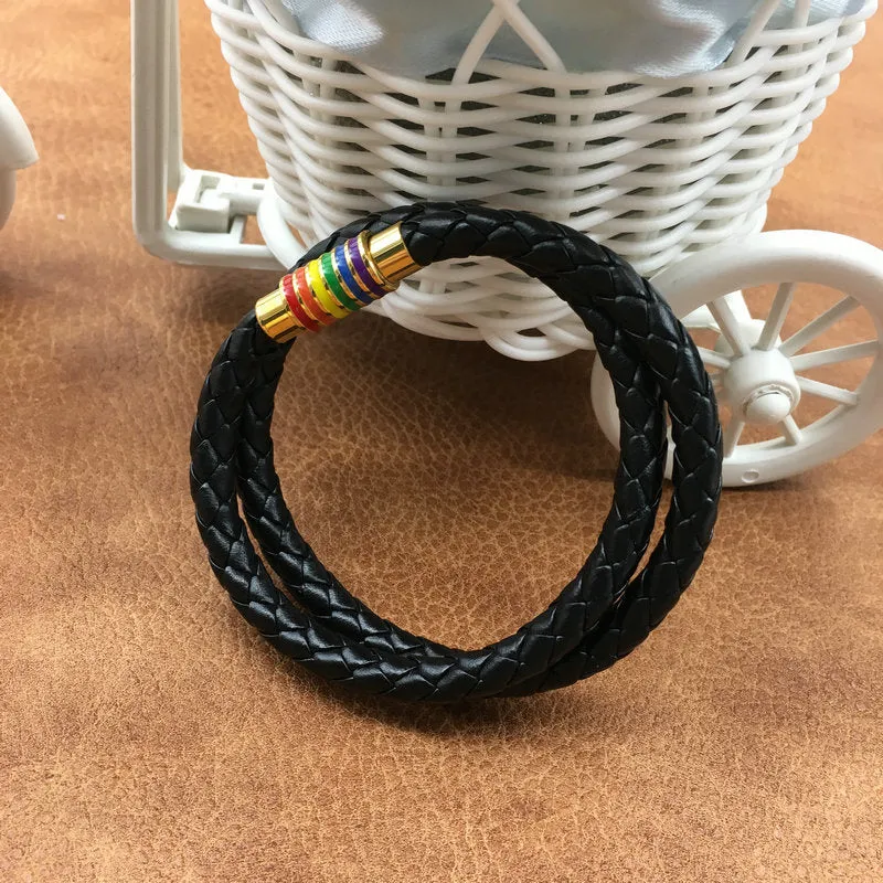 Rainbow Pride Charm Leather Bracelet