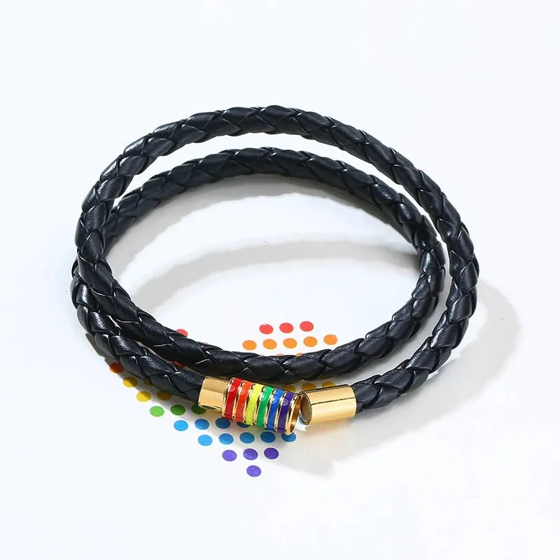Rainbow Pride Charm Leather Bracelet