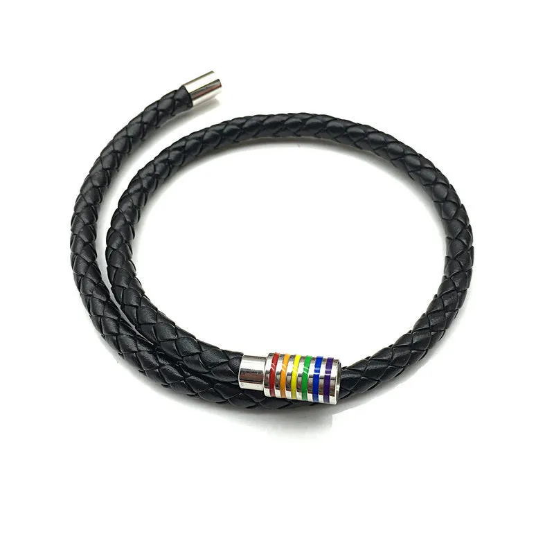 Rainbow Pride Charm Leather Bracelet